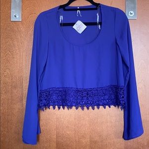 NWT Cobalt blue long sleeve lace trim crop top